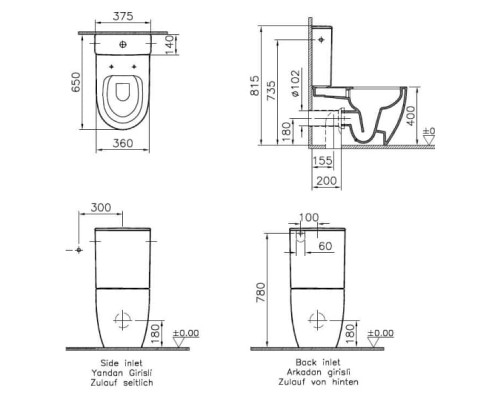 Унитаз Vitra Sento Rimex 9830B003-7203 с сиденьем SoftClose, безободковый, пристенный