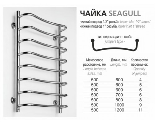 Водяной полотенцесушитель Ростела Чайка (нижн.подв., 1/2" резьба) 500 х 600 / 4